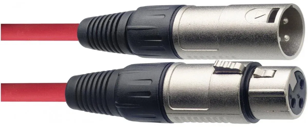 Audio kabel 10m - prodlužovací, male konektory: 1× XLR3, female konektor 1× XLR3, rovné zakončení, ČERVENÝ